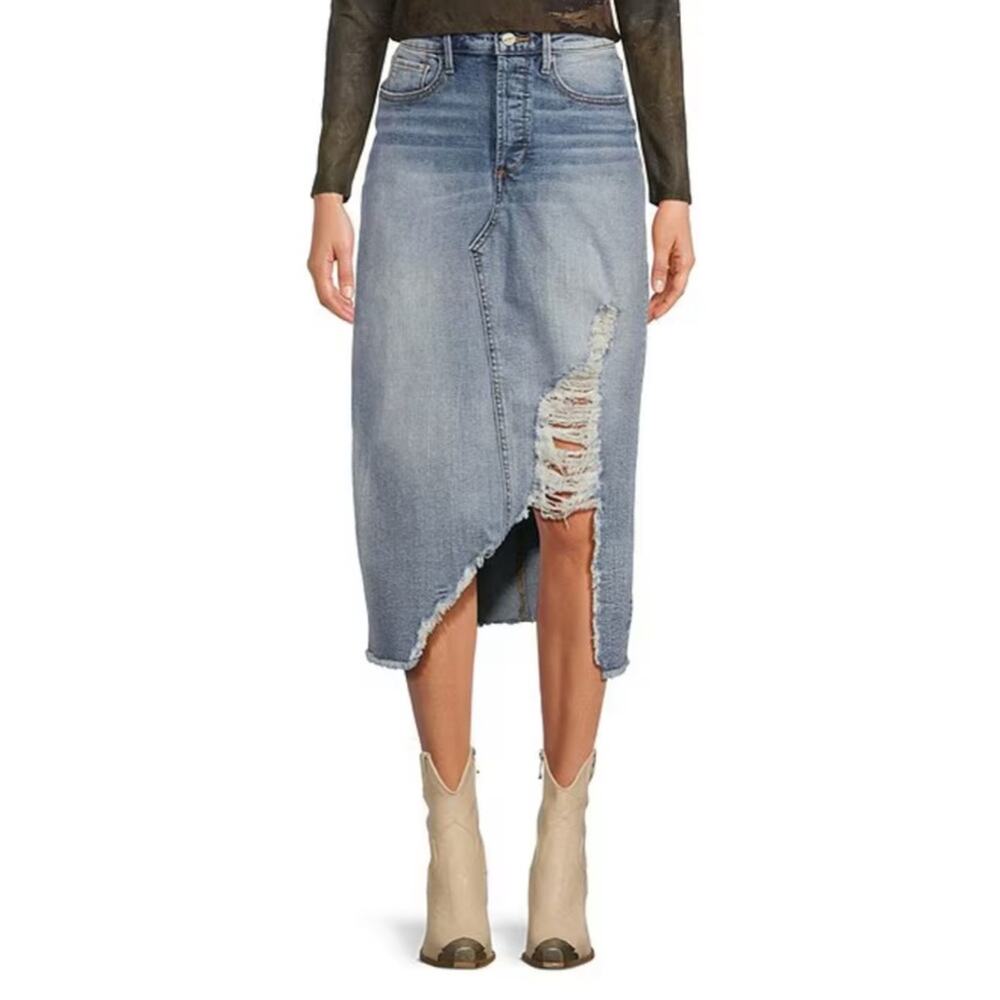 Driftwood Light Wash Denim Ultra Distressed High Rise A-Line Midi Boho Skirt 26